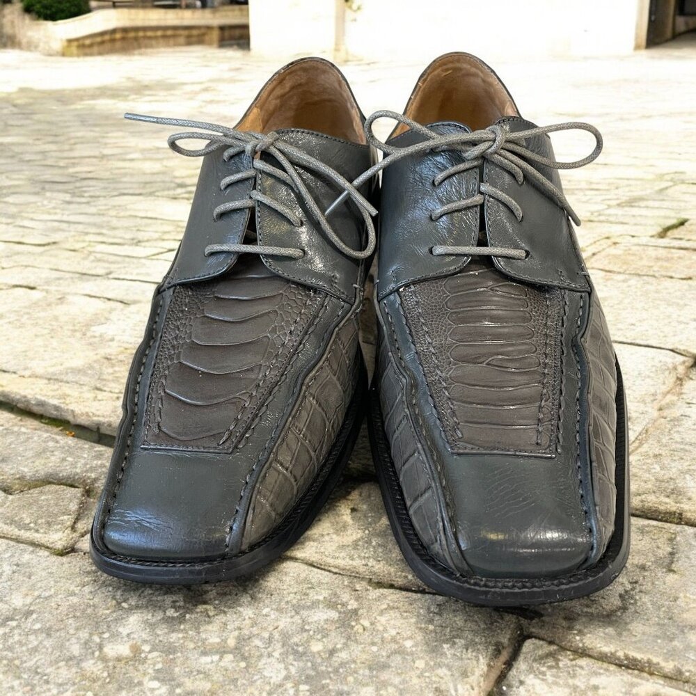La Milano Gray Leather Dress‎ Shoes 9 Croc Embossed Oxford Italy Formal Business